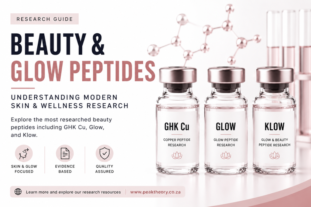 Beauty and glow peptides research guide featuring GHK Cu, Glow, and Klow peptide wellness and skin research concepts